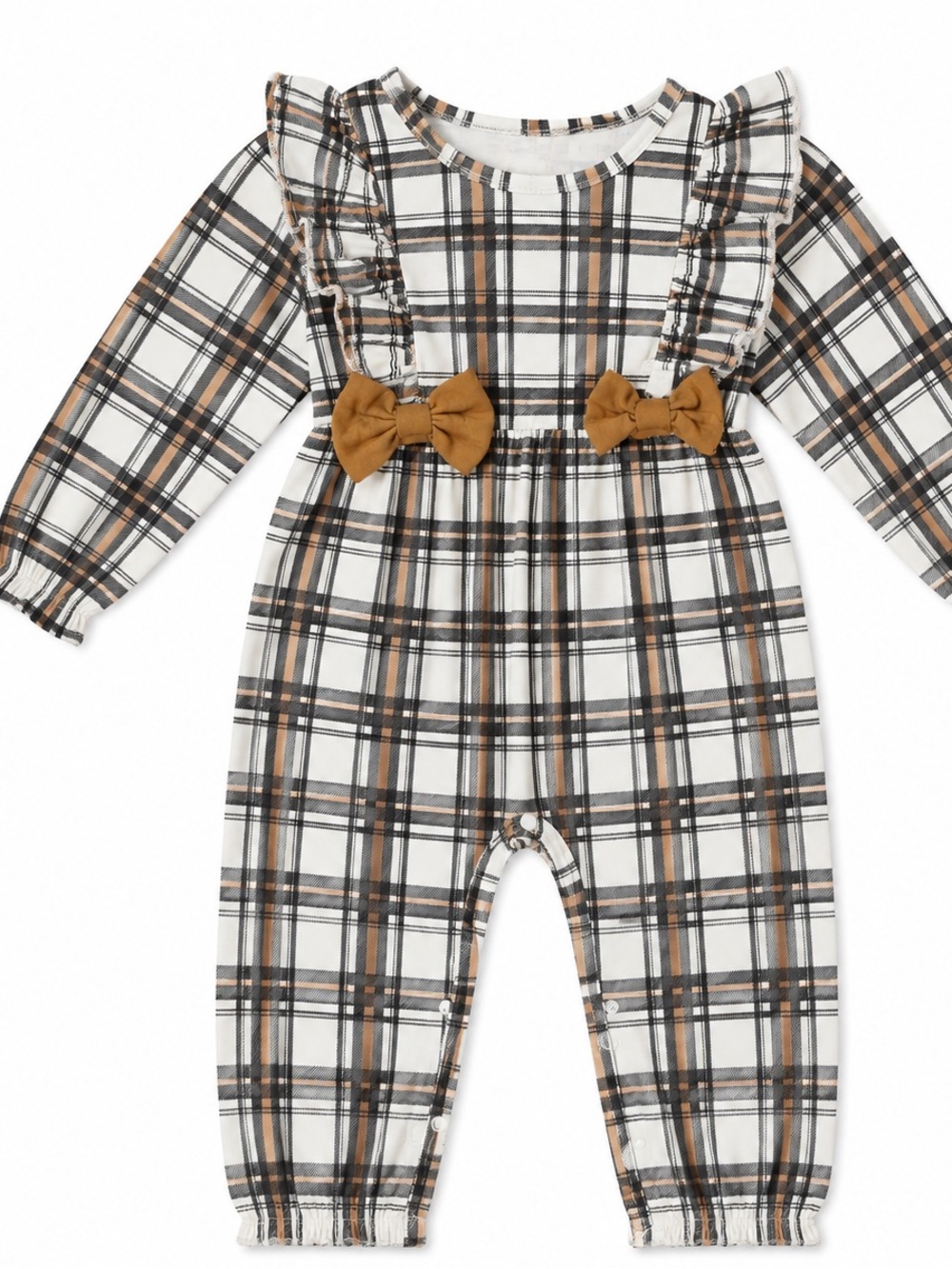 Habobi White Plaid Romper with Brown Bow Accents